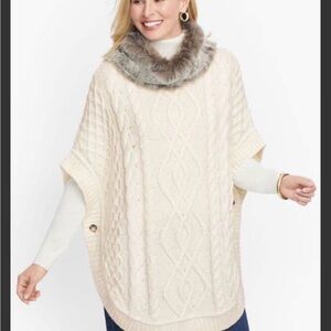 Talbots Cream Cable Knit Poncho with Faux Fur Collar size Small